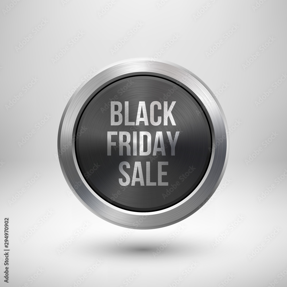 Black friday sale badge, abstract technology circle perforated button with metal texture, chrome, silver, steel and realistic shadow for logo, design concepts, interfaces, apps. Vector illustration.