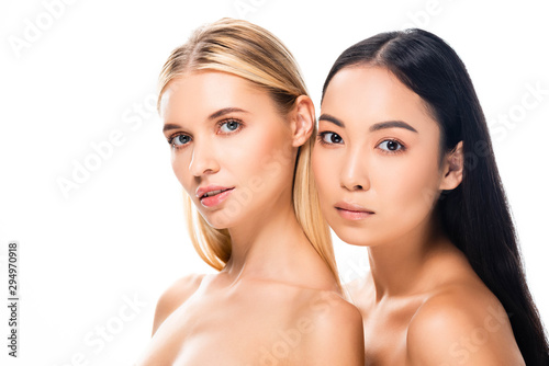 beautiful european blonde and asian brunette naked women isolated on white
