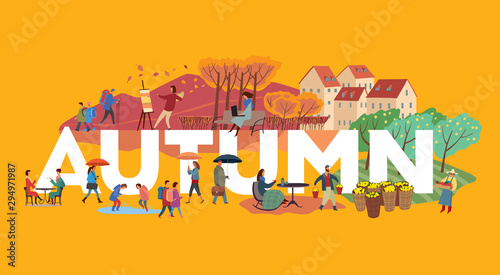The inscription autumn and various plots. Children go to school, the artist draws a sketch, farmers harvest. Types of autumn activities of people around white letters on a yellow background