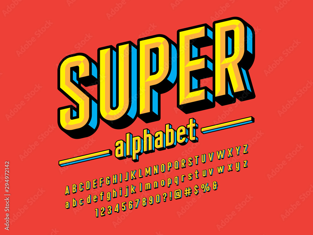 Plakat Czcionka wektorowa komiksowy Superbohater z wielkimi, małymi literami, cyframi i symbolami