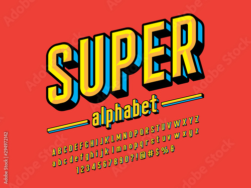 Superhero comic style vector font with uppercase, lowercase, numbers and symbols photo