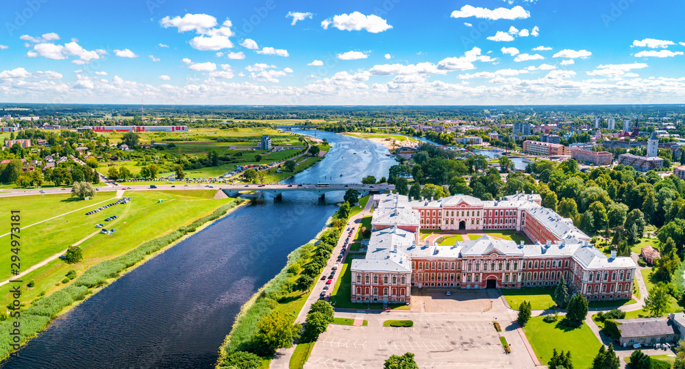 Panoramic view over city Jelgava, Lielupe river and ''Latvia University of Agriculture'' during sunny summer day.