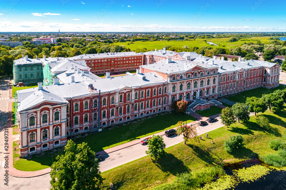 Panoramic view over city Jelgava, Lielupe river and ''Latvia University of Agriculture'' during sunny summer day. - obrazy, fototapety, plakaty 