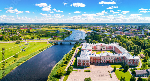 Panoramic view over city Jelgava, Lielupe river and ''Latvia University of Agriculture'' during sunny summer day. photo