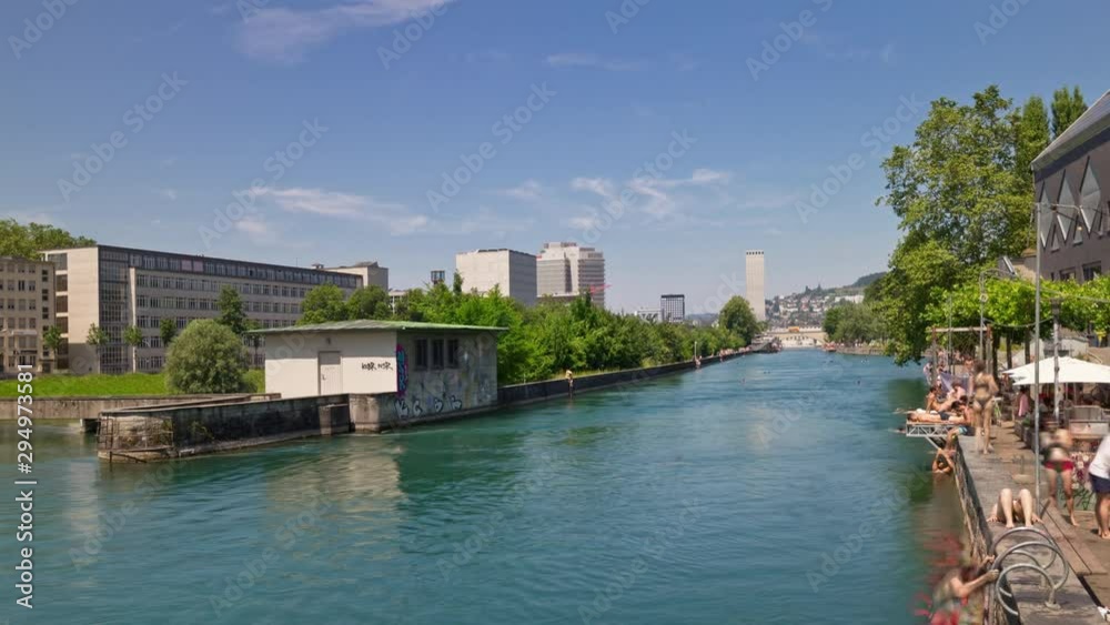 zurich city center sunny day famous river place swimming bay panorama 4k timelapse switzerland zurich city center sunny day famous river place swimming bay panorama 4k timelapse switzerland