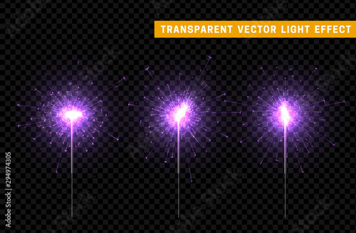 Festive Christmas sparkler decoration lighting element. Sparkler fire vector firework. Magic light isolated effect. For the background of the holiday and birthday