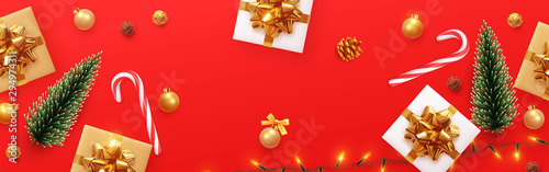 Happy New Year banner, Xmas sparkling lights garland with gifts box and golden tinsel. Horizontal Christmas posters, greeting cards, headers, website. Objects viewed from above. Flat lay, Top view