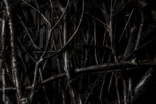 Wooden branches fence close-up. © breakermaximus