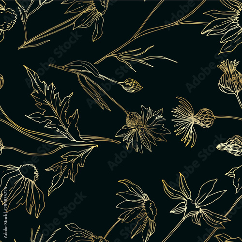 Vector wildflowers floral botanical flowers. Black and white engraved ink art. Seamless background pattern.