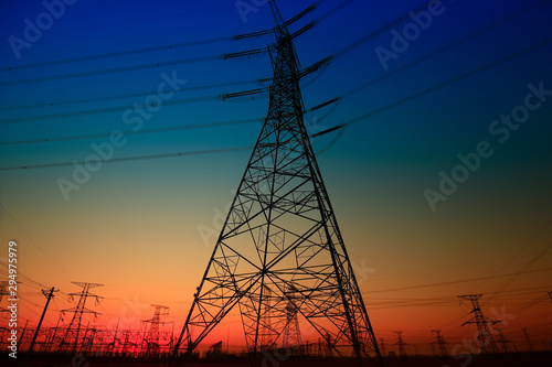 Pylon, high-voltage tower sky background.