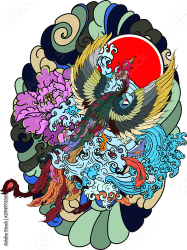 Japanese peacock tattoo.Asian Phoenix fire bird tattoo design.Colorful Phoenix fire bird colouring book illustration.Hand drawn Japanese tattoo style.