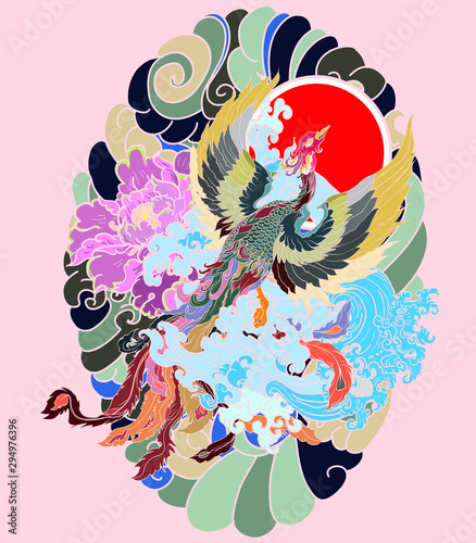 Japanese peacock tattoo.Asian Phoenix fire bird tattoo design.Colorful Phoenix fire bird colouring book illustration.Hand drawn Japanese tattoo style.