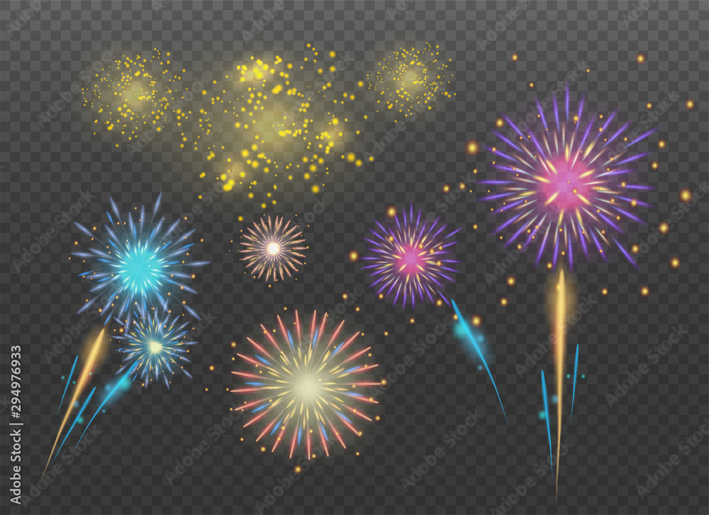 Fototapeta premium Firecracker sparks. Holiday firework explosion in night. Happy new year and Holidays decoration set isolated. Explosion firecracker.