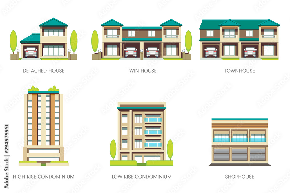 Houses of various types of people. Basic realty set.