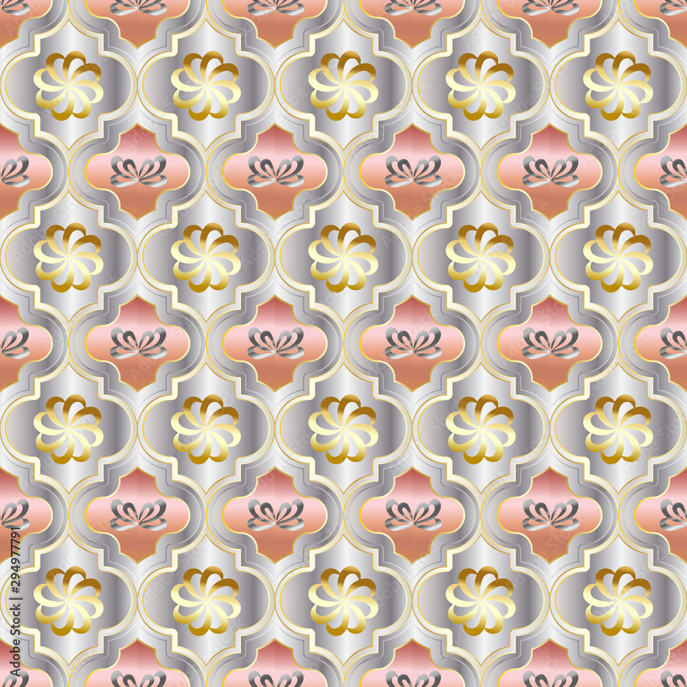 Obraz premium colorful moroccan seamless beautiful geometric tile with metallic rose gos and silver and floral design elements. for luxury rich backgrounds, wallpapers and backdrops. festive seamless design