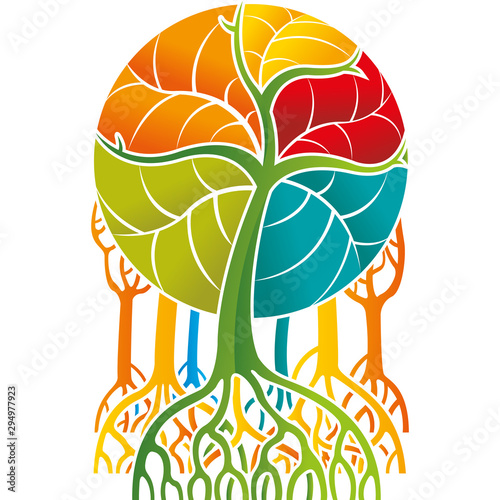Drawing of group of multicolored mangroves with long roots and the colored leaves forming a circle on white background.Vector image
