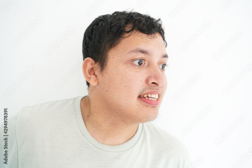 Portrait of smiling disable asian men standing on white background
