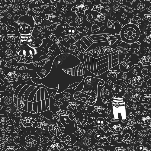 Vector set with pirate elements for birthday party for little children. Kids pattern with octopus, beach, treasure chest, ship