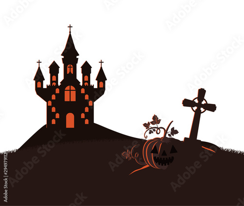 halloween dark castle in cemetery scene icon