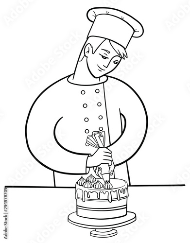 Happy cook decorates a cake. Pastry-cook in chef uniform and cap at work. Male confectioner holds a pastry bag and pipes on a swirl. Vector outline illustration drawings on a white background