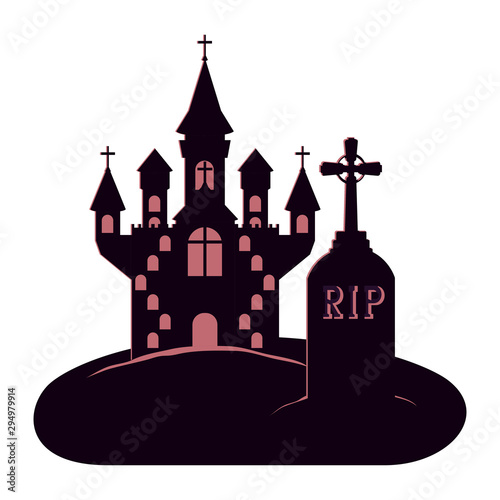 halloween dark castle in cemetery scene icon