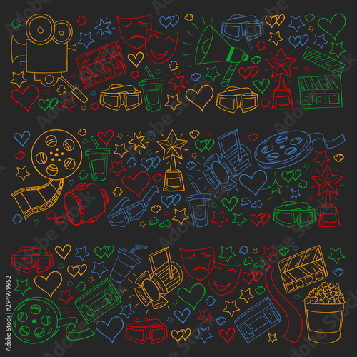 Vector pattern with cinema icons. Movie Theater  TV  popcorn  video clips  musical