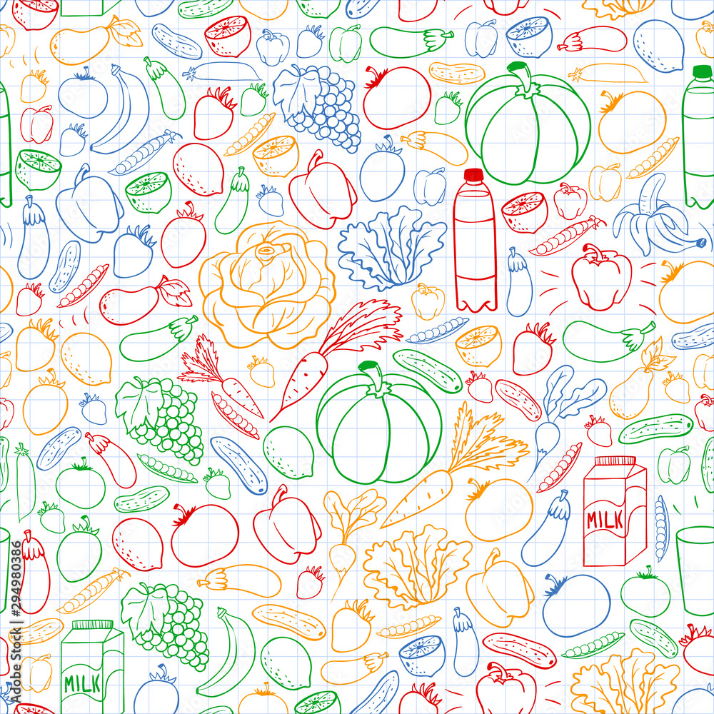 Vector seamless pattern with healthy food. Fruits and vegetables. Milk, dairy products. Pattern for store, mall, menu, cafe, restaurants.