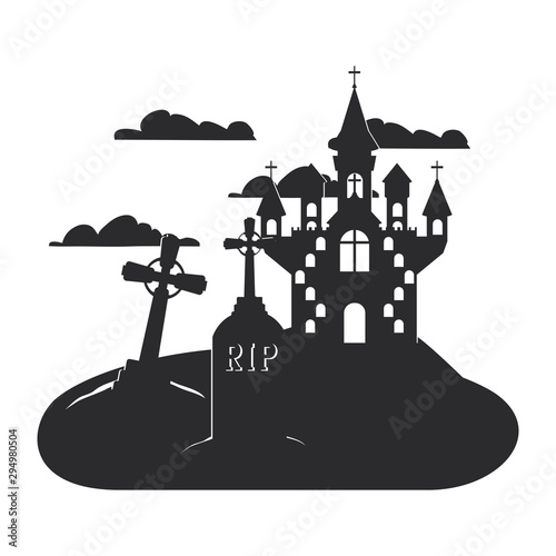 halloween dark castle in cemetery scene icon