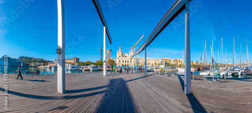 Photography Barcelona, Spain, Dic 02,2018: People walking over Rambla de Mar promenade in Barcelona, Catalunya, Spain