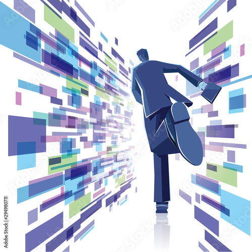 Businessman runs in an abstract background. Abstract composition.