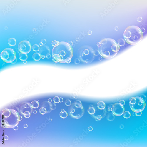 Realistic transparent floating soap bubbles with rainbow reflection. Design element for advertising booklet, flyer or poster