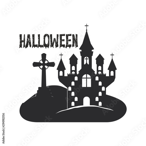 halloween dark castle in cemetery scene icon