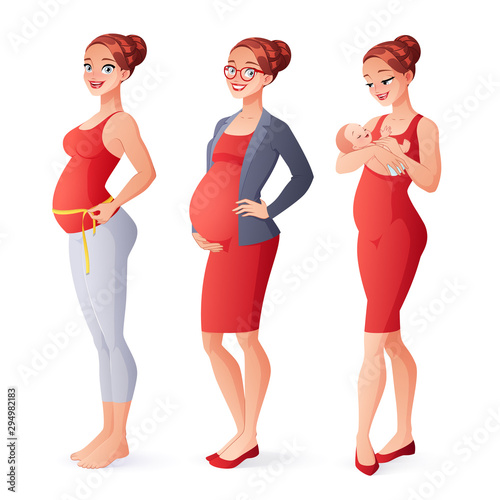 Expectant woman measuring belly, working pregnant businesswoman, mother with newborn. Pregnancy vector illustration.