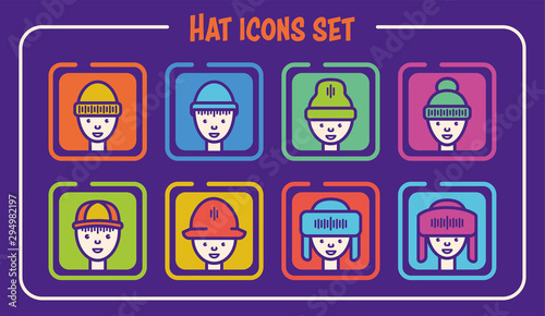 Set of colored line icons in the form of heads in caps with faces. All layers are divided into face (background and lines), cap (background and lines), background icons. Simple color change