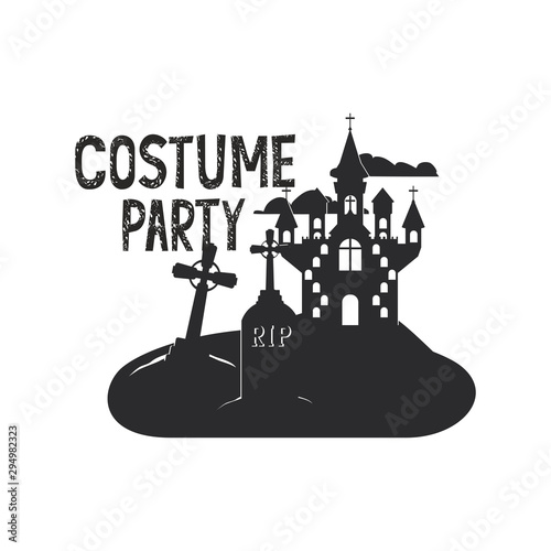 halloween dark castle in cemetery scene icon