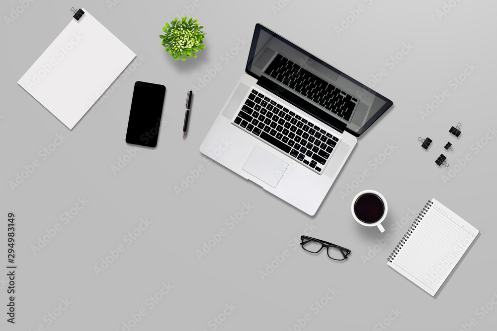 Top view office desk and supplies, with copy space. Creative flat lay photo of workspace desk/Panoramic banner background Top view office desk and supplies, with copy space. Creative flat lay photo of workspace desk/Panoramic banner background