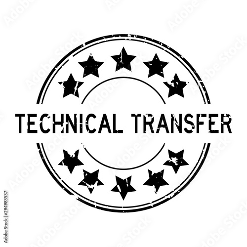 Grunge black technical transfer word with star icon round rubber seal stamp on white background