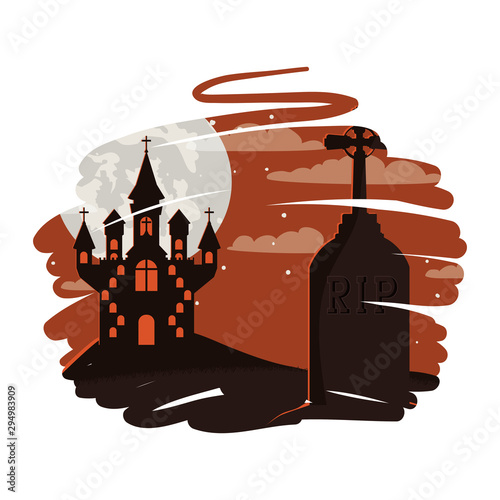 halloween dark castle in cemetery scene icon
