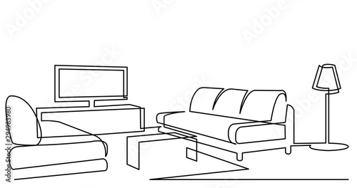 continuous line drawing of living room with furniture