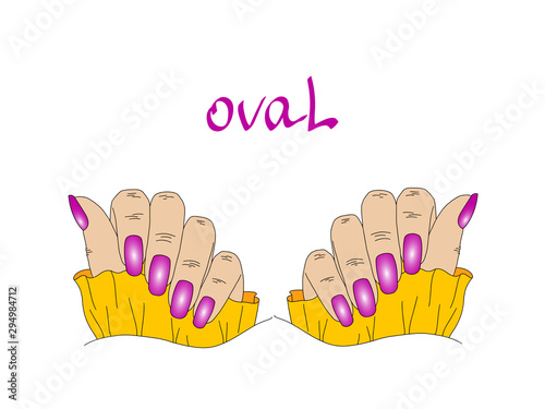 Female hand care. Different shape of nails during manicure: square, oval, almond, square oval, etc. On a white background. The design of the fingers. Vector illustration.