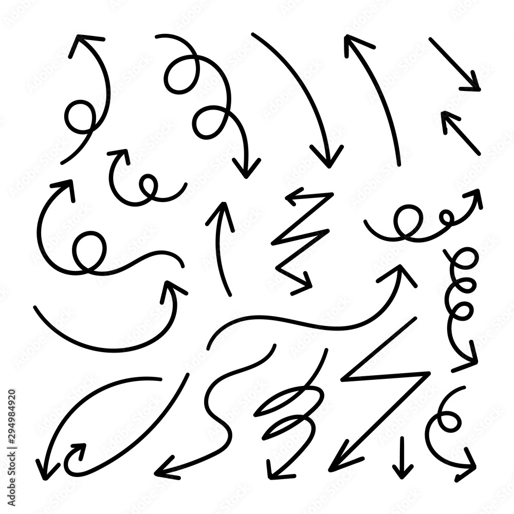 Obraz premium Arrows hand drawn doodle vector set. Sketch arrow design for application, banner, print screen, pen marks, map and typography design guide line.