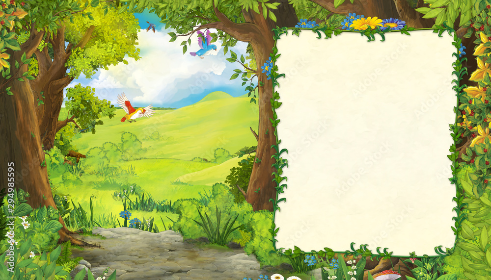 cartoon scene with mountains valley near the forest with frame for text illustration for children