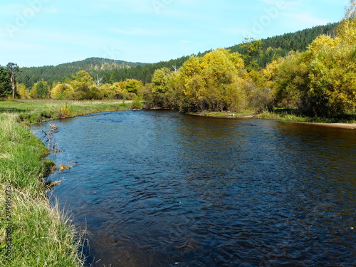 autumn landscape. turn of the river. yellow trees . blue sky.