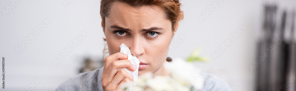 panoramic shot of sick woman with pollen allergy holding tissue near flowers