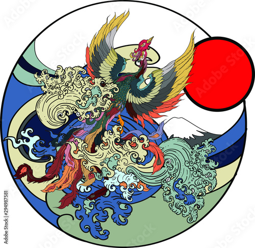 Japanese peacock tattoo.Asian Phoenix fire bird tattoo design.Colorful Phoenix fire bird colouring book illustration.Hand drawn Japanese tattoo style.