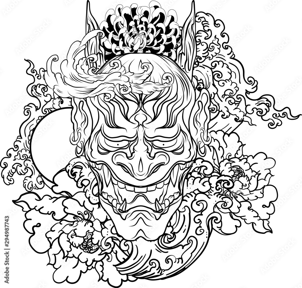 Japanese Demon's mask tattoo design full back body.The Oni mask with water  splash and peony flower,cherry blossom and peach blossom on cloud  background. Stock Vector | Adobe Stock