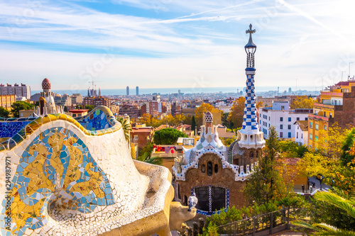 Panoramic view of Park Guell in Barcelona, Catalunya Spain. photo