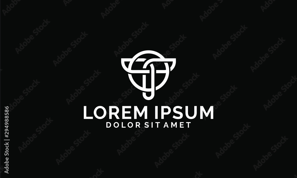 Initial letter T logo template with masculine circle taurus heraldic line art symbol in flat design monogram illustration Initial letter T logo template with masculine circle taurus heraldic line art symbol in flat design monogram illustration