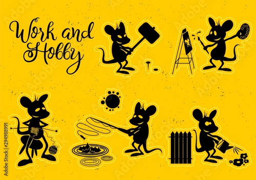 Silhouette set mouse life. Work and hobby. Set 3.
