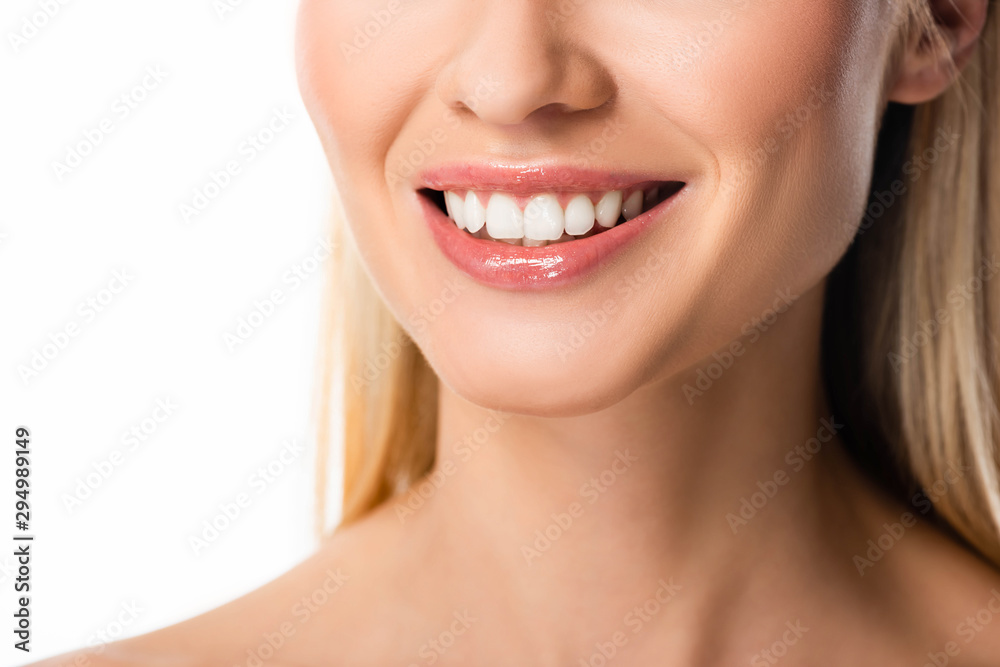 partial view of smiling blonde woman with white teeth isolated on white partial view of smiling blonde woman with white teeth isolated on white